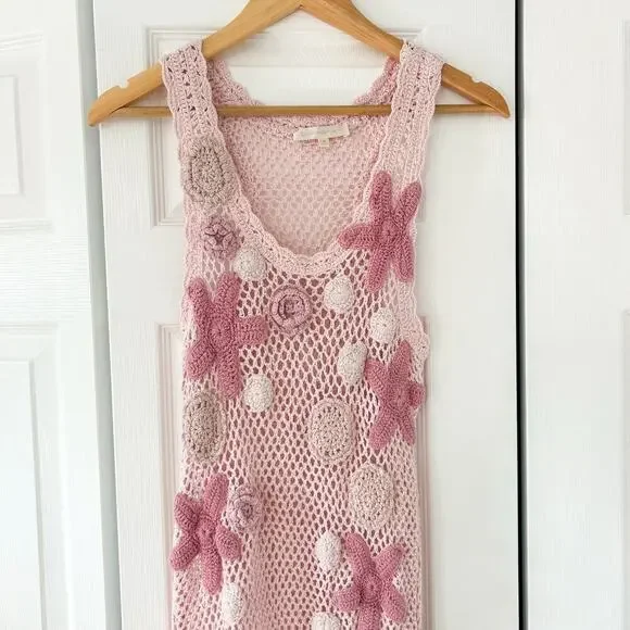 LoveShackFancy Shelburne Crochet Cotton Midi Dress Pink Floral EUC Medium